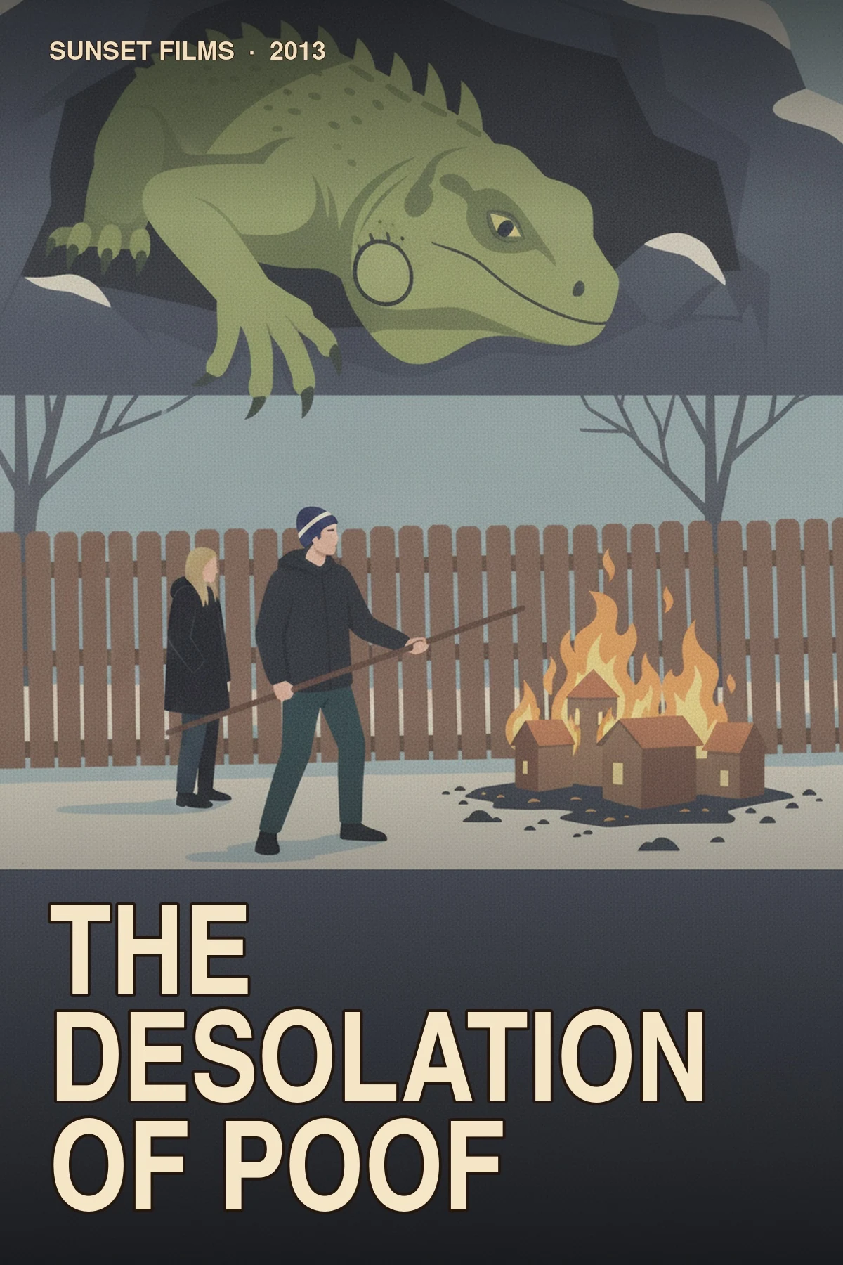The Desolation of Poof illustrated poster with a staff-wielding fighter and his daughter facing a green dragon above a burning cardboard town