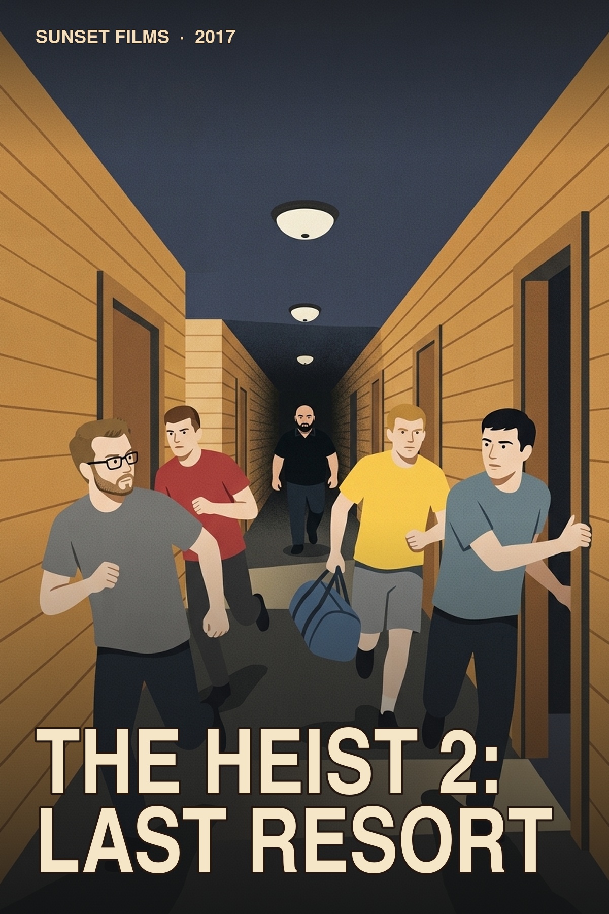 The Heist 2: Last Resort illustrated poster with four people carrying a duffel bag through a resort corridor while a pursuer follows