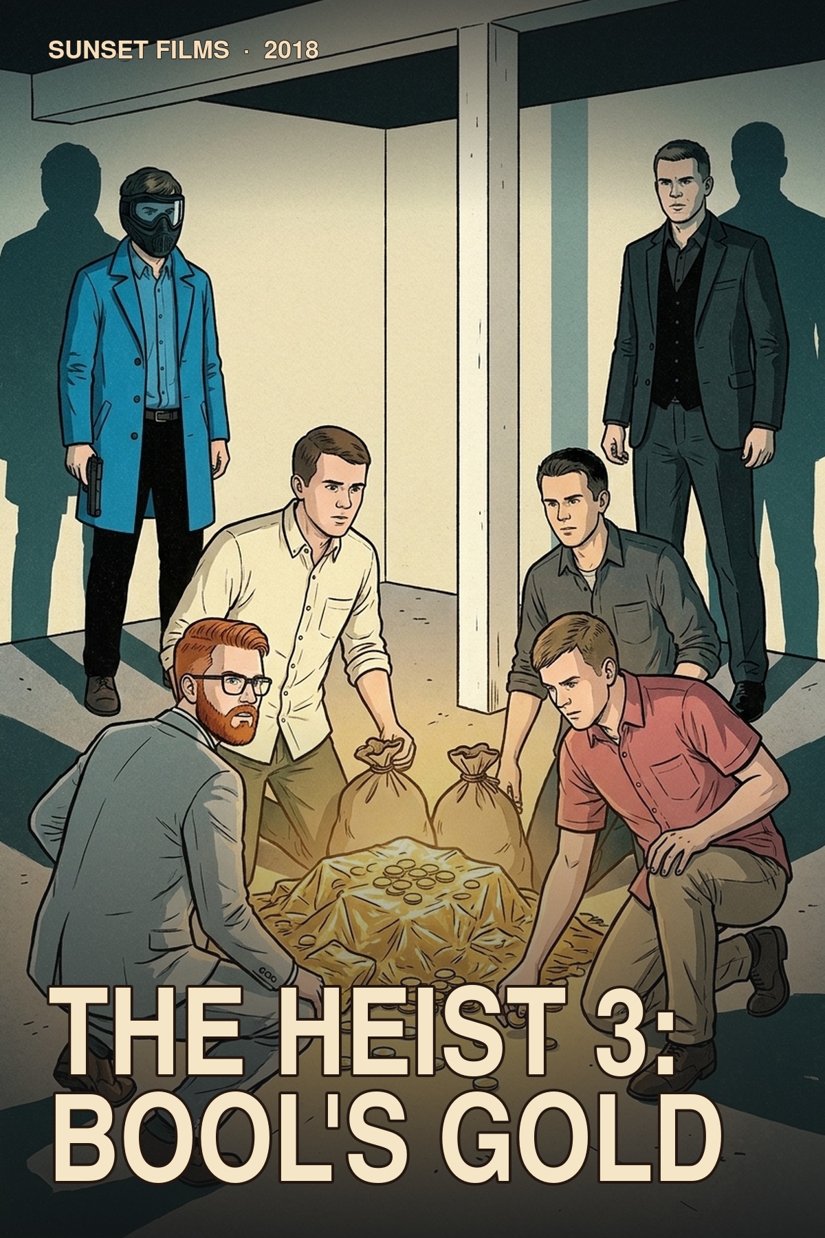 The Heist 3: Bool's Gold illustrated poster with six people gathered around sacks and scattered gold while a masked figure stands guard