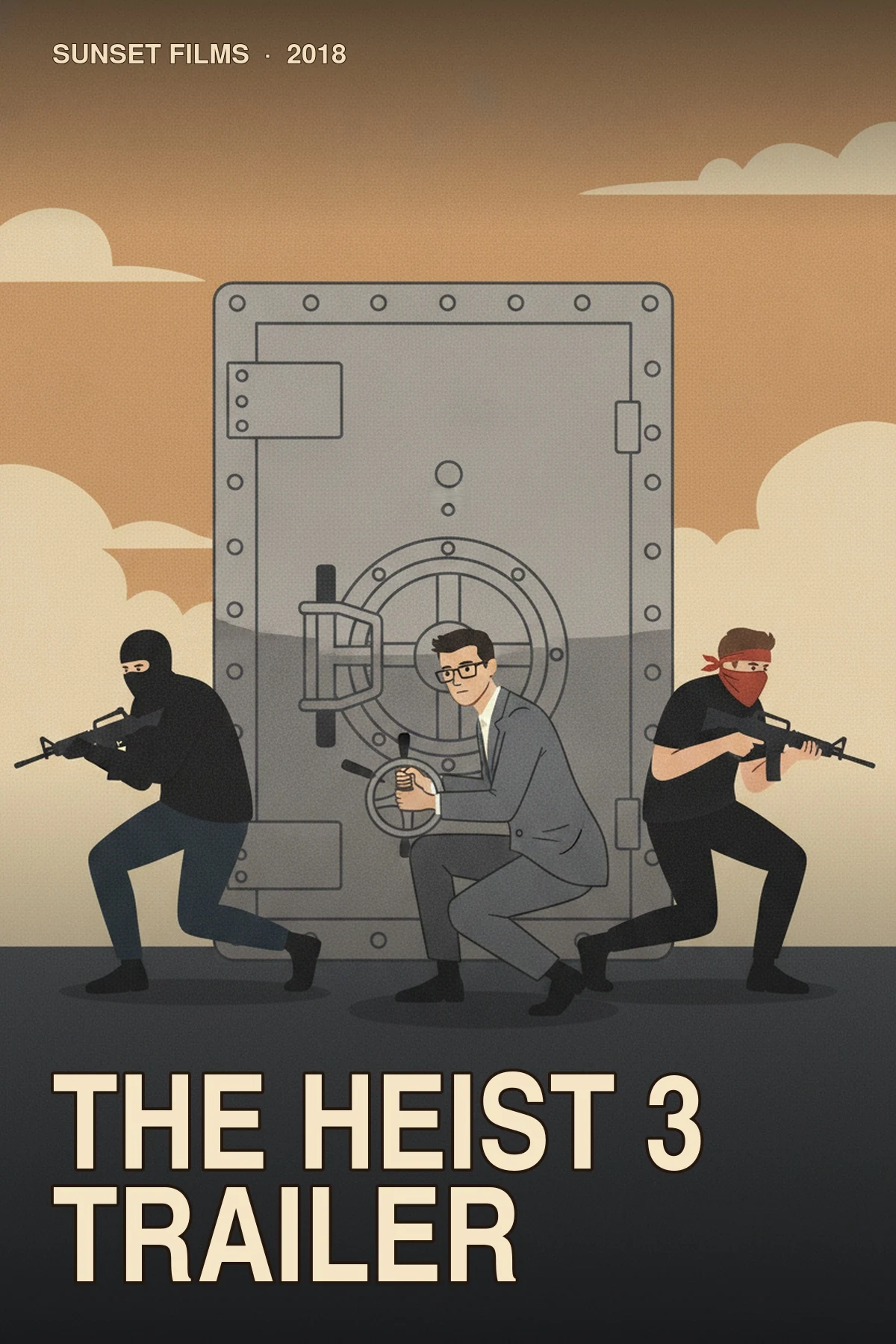 The Heist 3 Trailer illustrated poster with a suited vault cracker at a steel vault door and two masked crew members