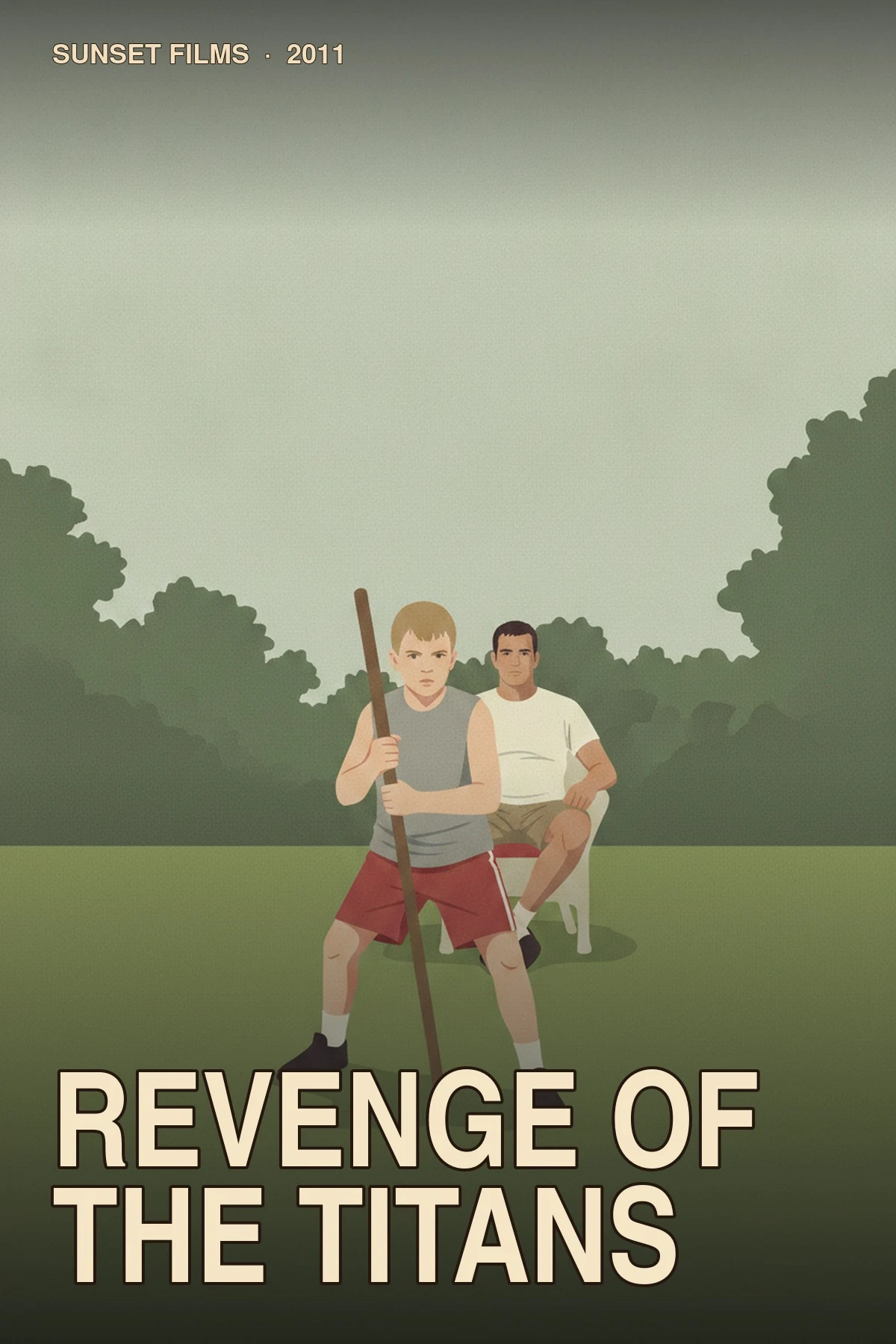 Revenge of the Titans illustrated poster with a boy raising a wooden staff on a lawn while an adult mentor watches