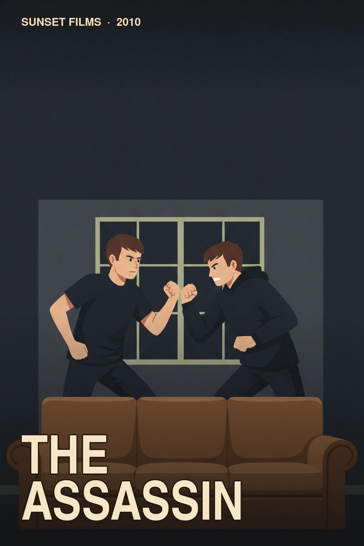 The Assassin illustrated poster with two young fighters grappling in a dim living room