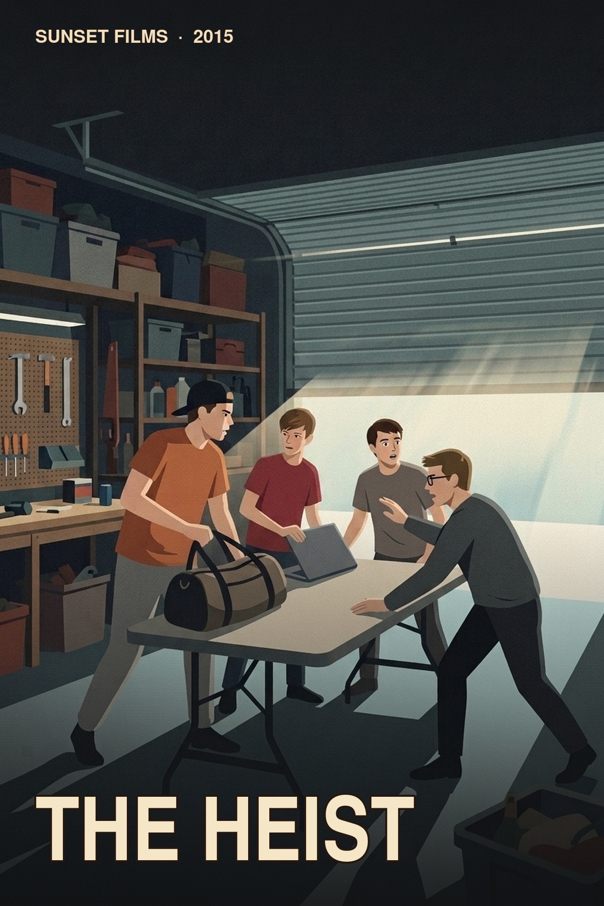The Heist illustrated poster with four people gathered around a laptop and duffel bag in a garage