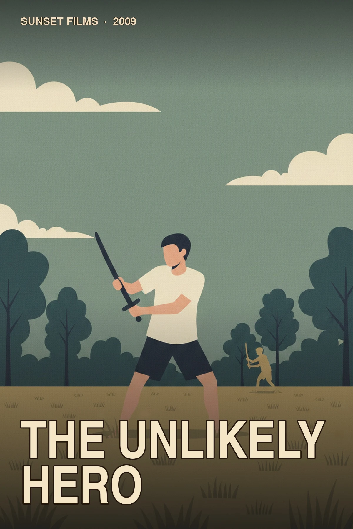 The Unlikely Hero illustrated poster with two boys facing off with stick swords on a grassy field