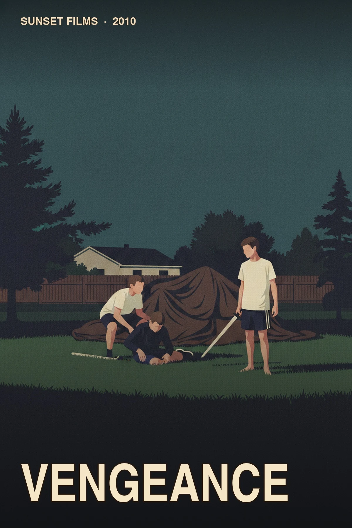 Vengeance illustrated poster with two villagers and a defeated opponent on a dark lawn framed by pine silhouettes
