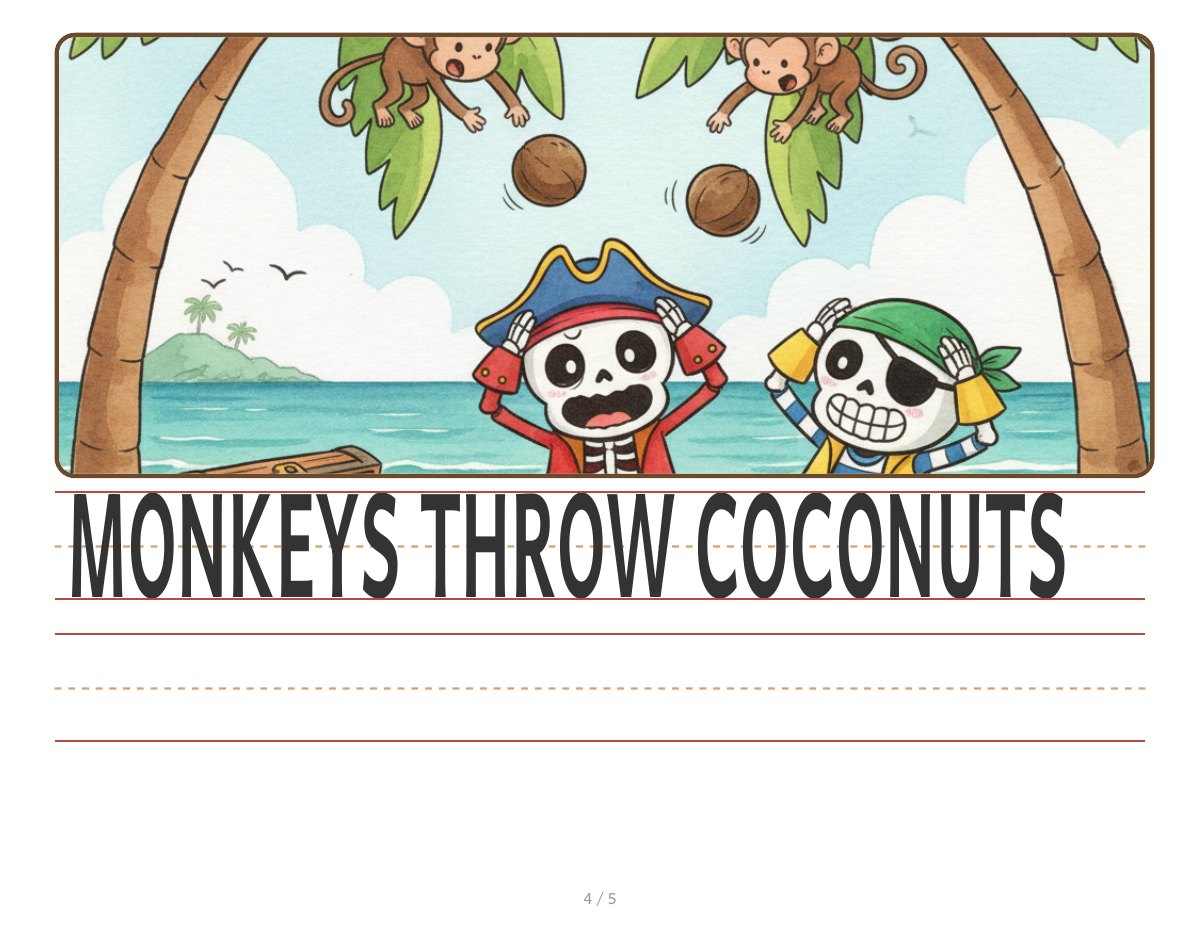 A complete handwriting workbook page with monkeys dropping coconuts toward two skeleton pirates above the sentence MONKEYS THROW COCONUTS and blank writing rows