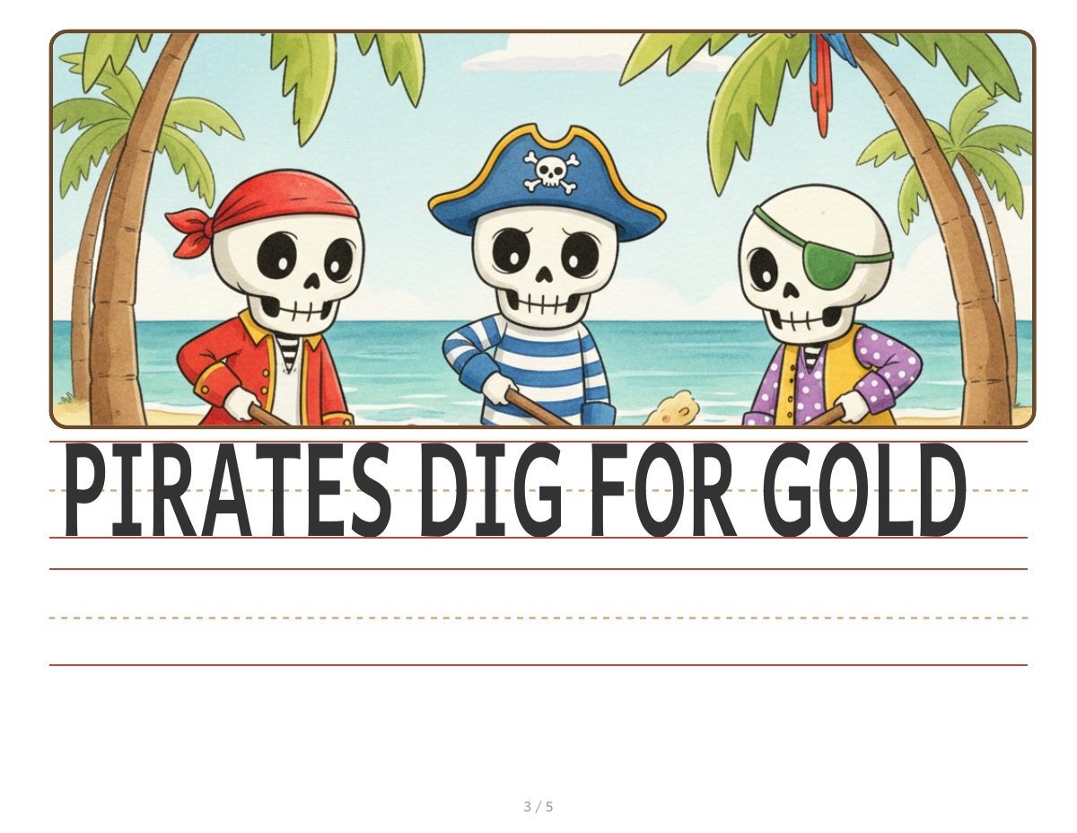 A complete handwriting workbook page with skeleton pirates digging on a beach above the sentence PIRATES DIG FOR GOLD and blank writing rows